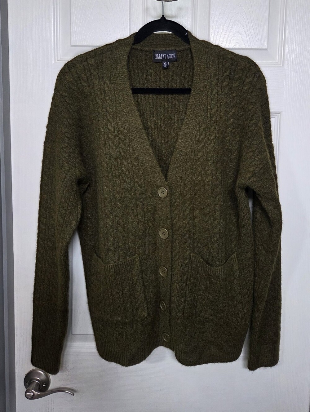 Current Mood Rooftop Escape Olive Green Cable Knit Button-Front Cardigan XS